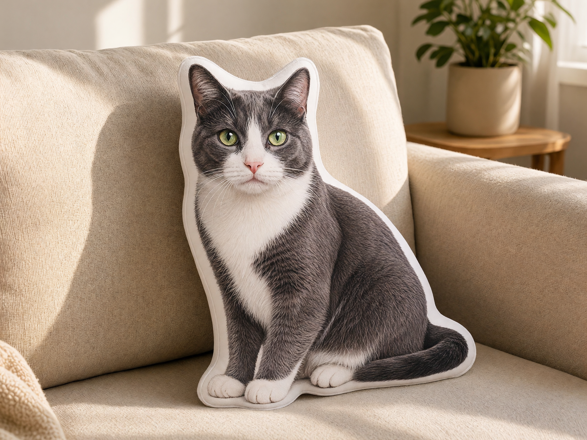 Die-cut tuxedo cat photo pillow on a sofa