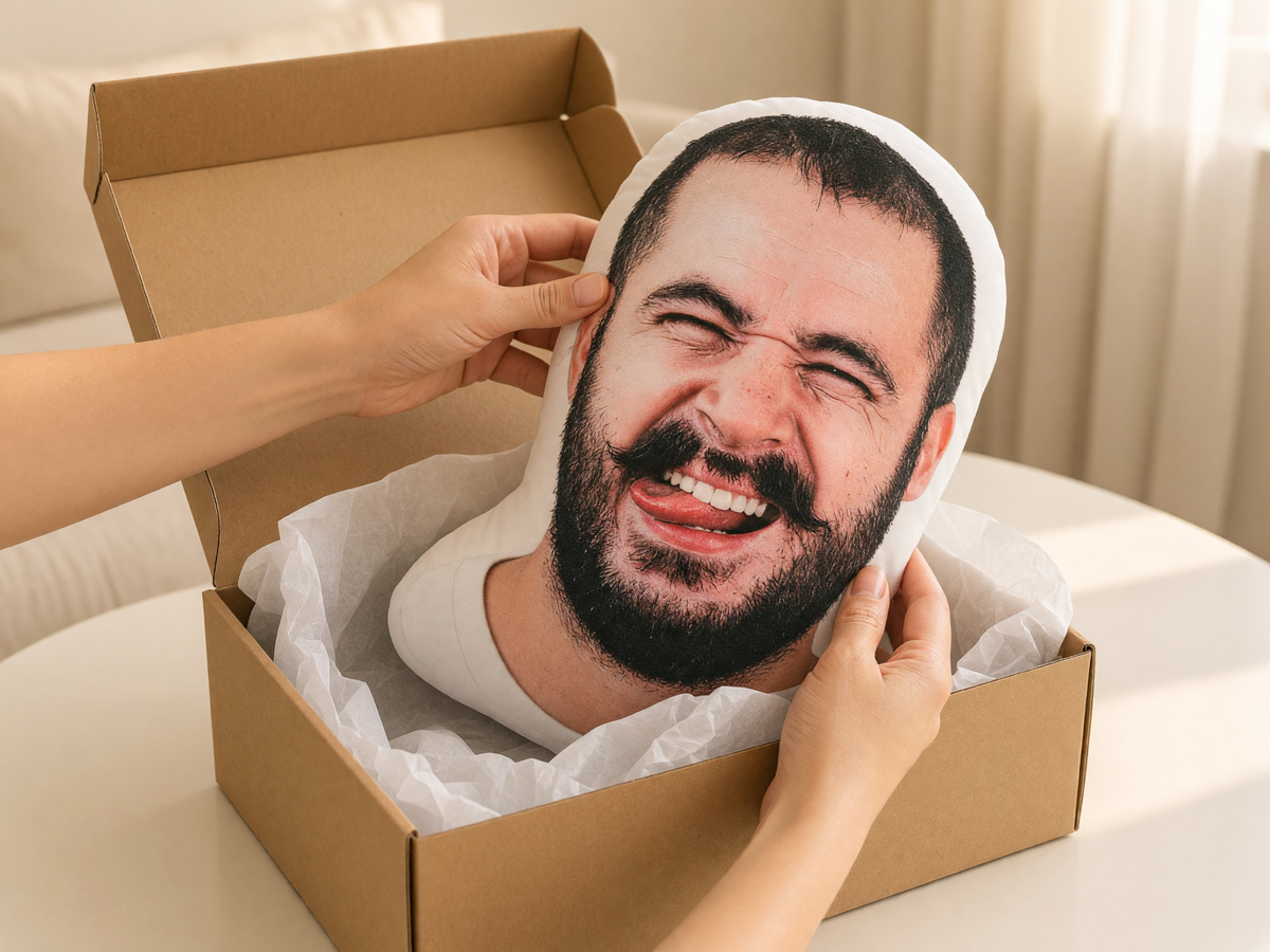 Face photo pillow lifted from a kraft gift box