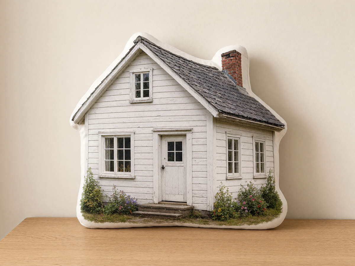 Die-cut house photo pillow with thin white sewn edge