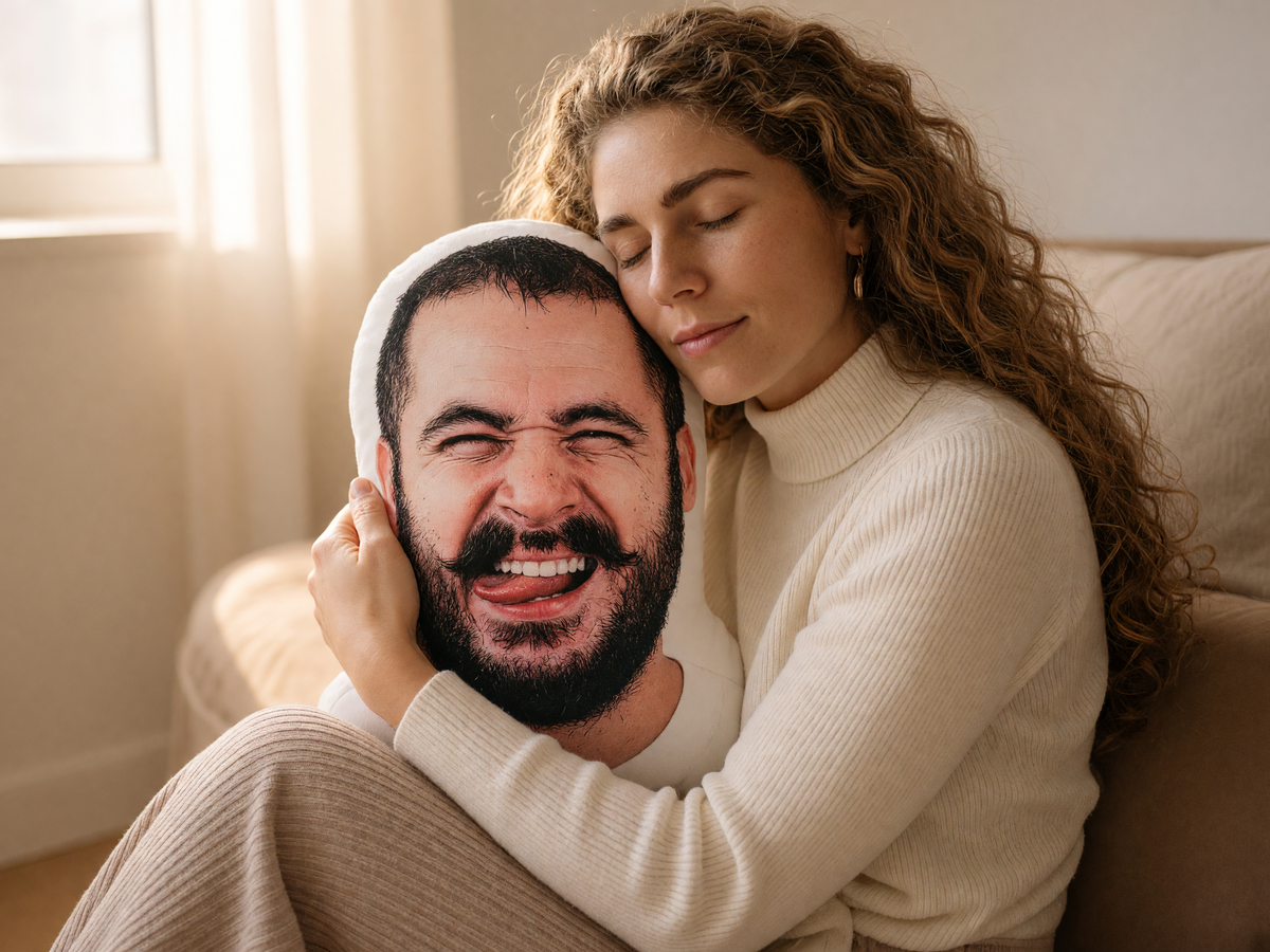 Woman hugging a die-cut laughing-man photo pillow