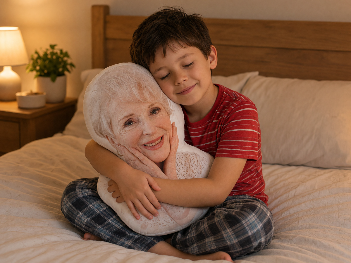 Child hugging a grandmother face photo pillow