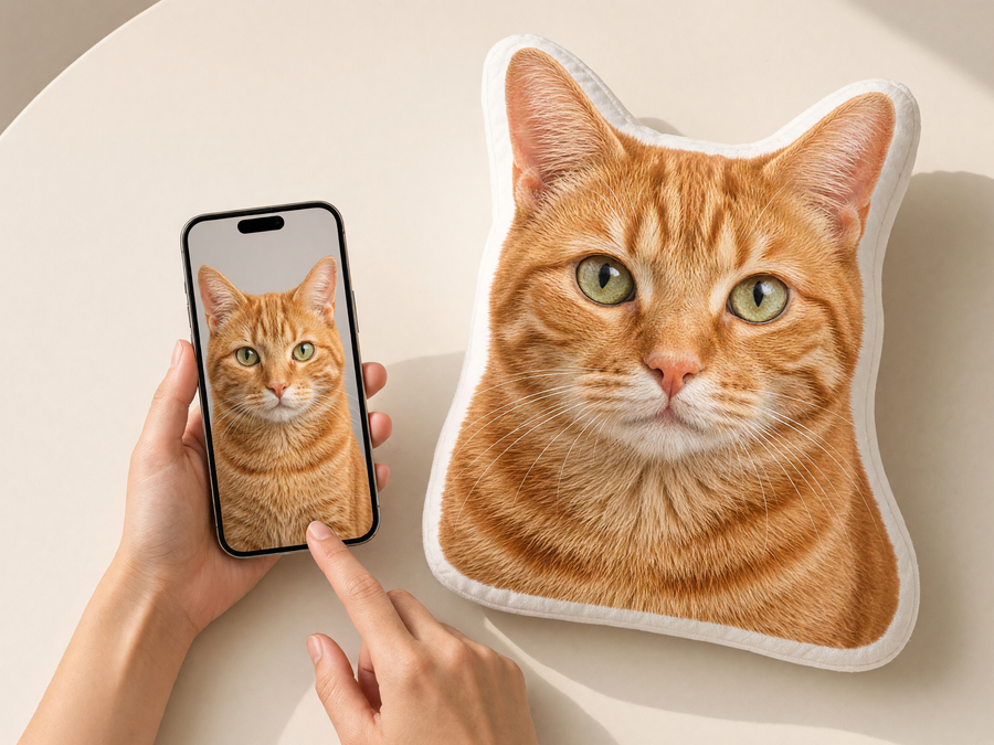 Phone photo of a cat next to the finished cat pillow