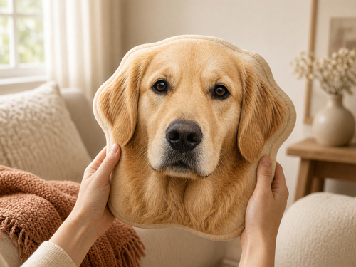 Hands holding a die-cut golden retriever photo pillow