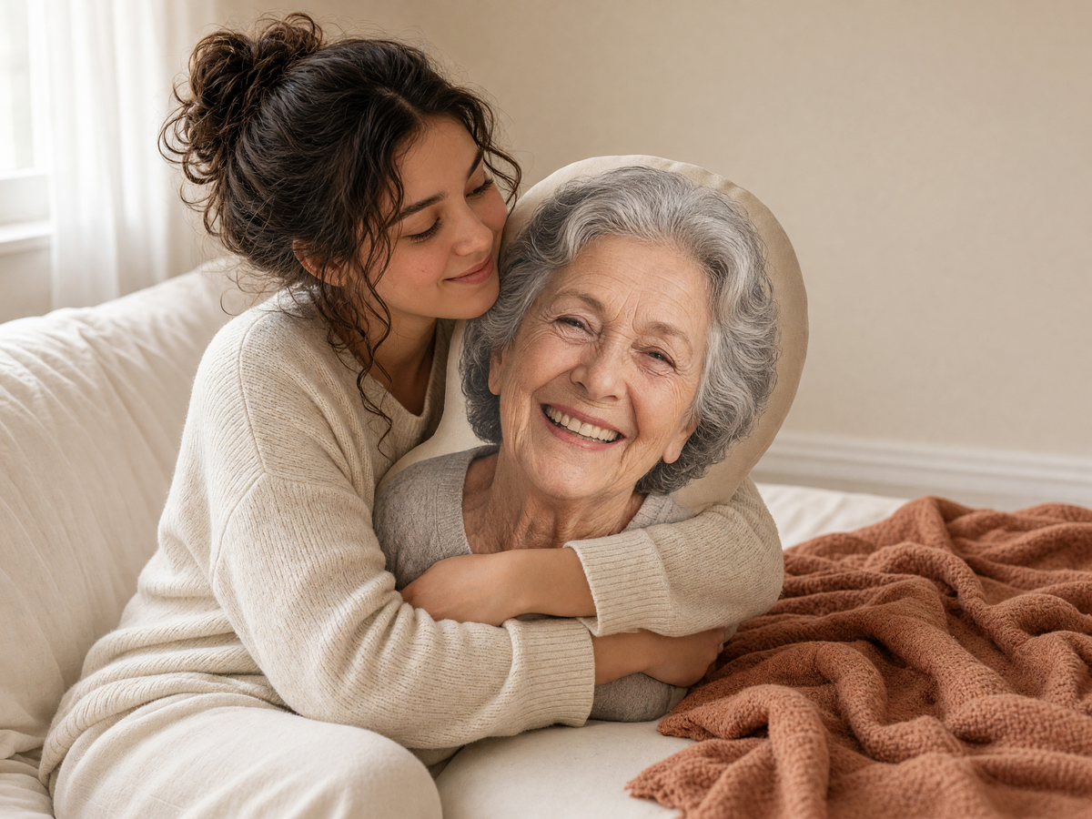 Woman hugging a die-cut pillow printed with a grandmother's photo