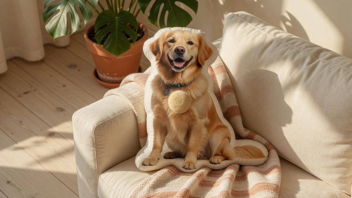 Photo-shaped golden retriever pillow on a sunlit sofa