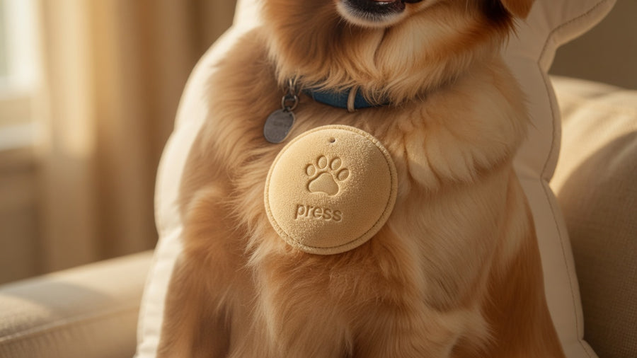 Voice button on a photo-shaped dog pillow