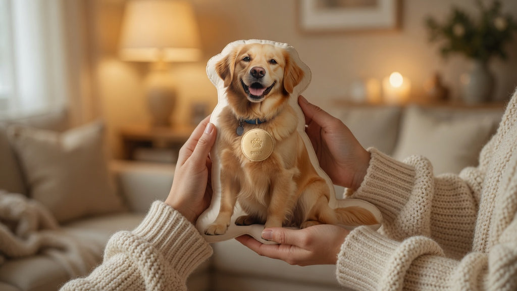 Hands holding a custom photo-shaped dog pillow