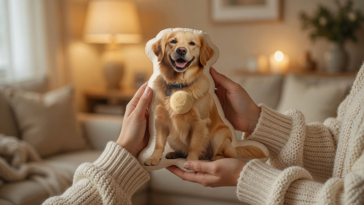 Hands holding a custom photo-shaped dog pillow