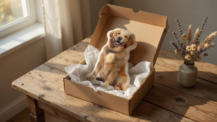 Unboxing a custom photo-shaped dog pillow