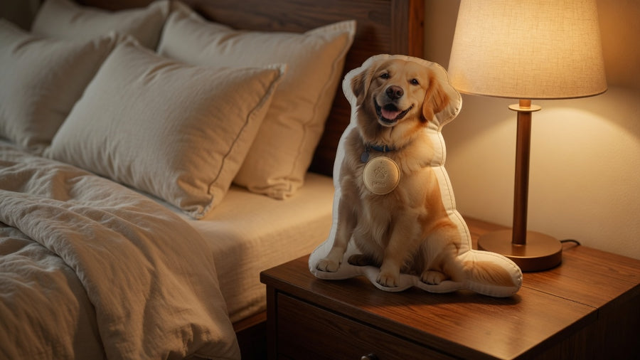 Photo-shaped dog pillow on a nightstand