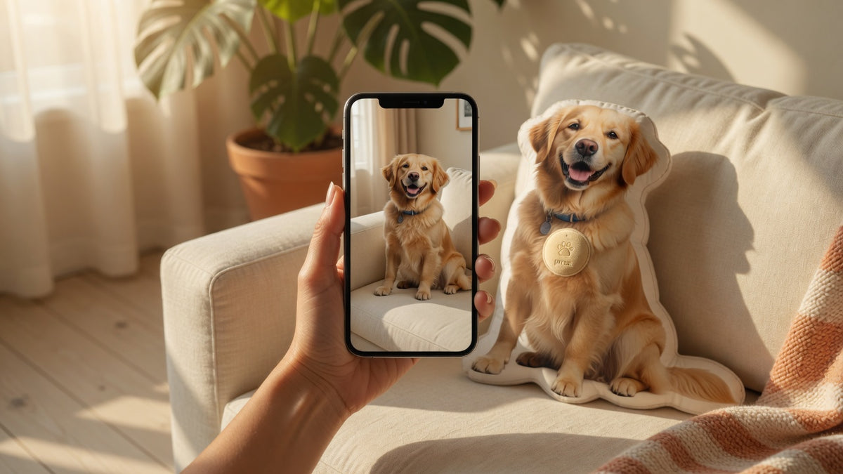 Taking a photo of a dog to make a custom pillow