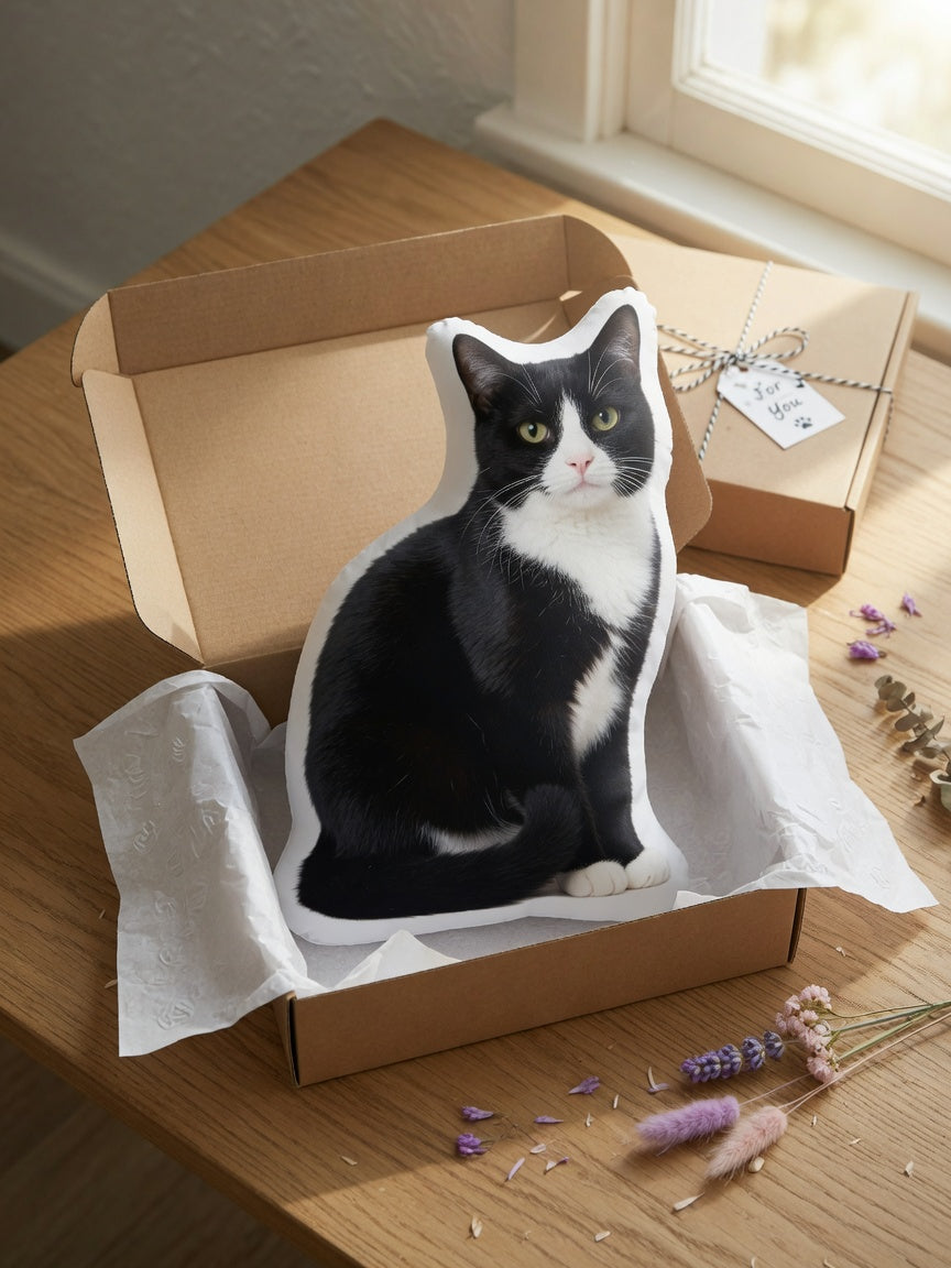 Custom photo-shaped cat pillow in a gift box